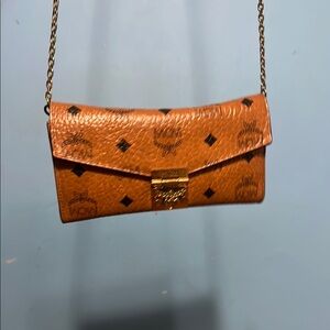 MCM Orange Clutch Wristlet with Chain Strap